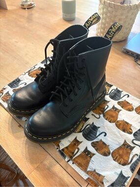 Dr. Martens Black Leather Lace-Up Boots with Yellow Stitching